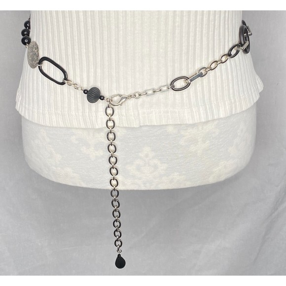 Chain Belt Multi Geometric Shape Interlocking Silver Links Black Beads + Rings - Picture 1 of 8